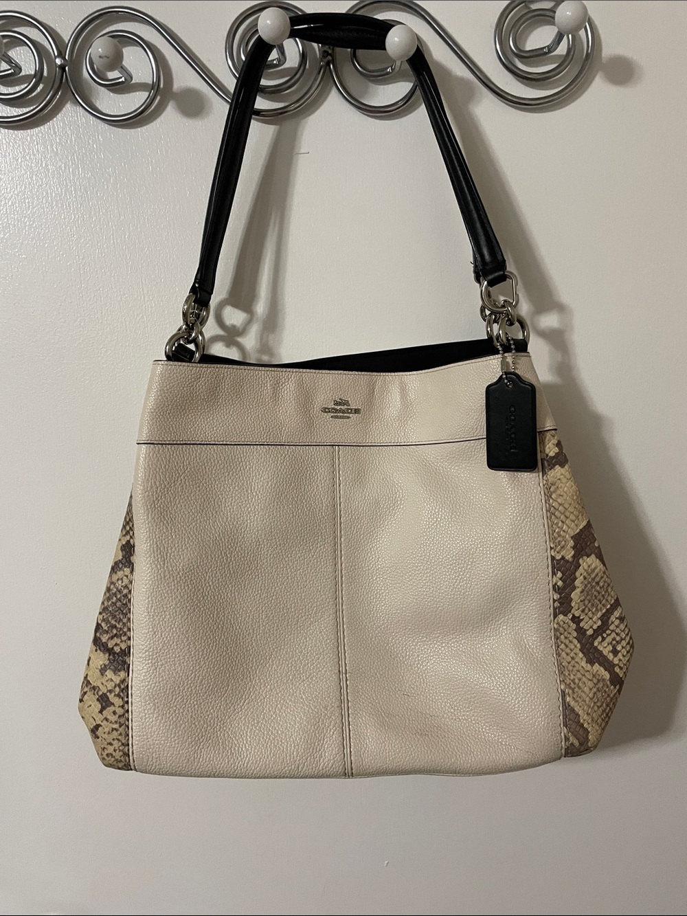 Coach Lexy Cream Pebble Leather Shoulder Bag with Snake-Print Gussets